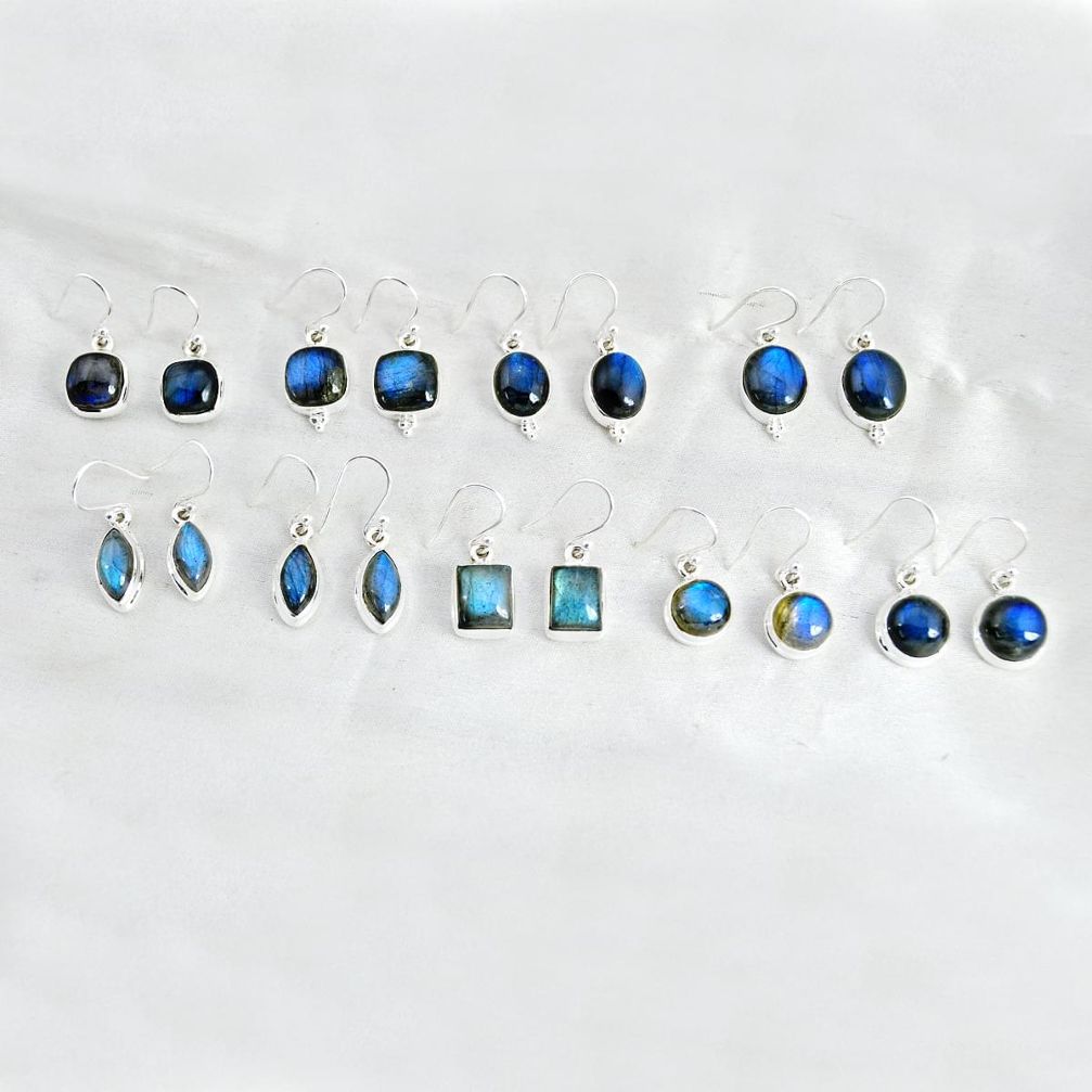 wholesale lot of 9 natural blue labradorite 925 silver earrings  W3955