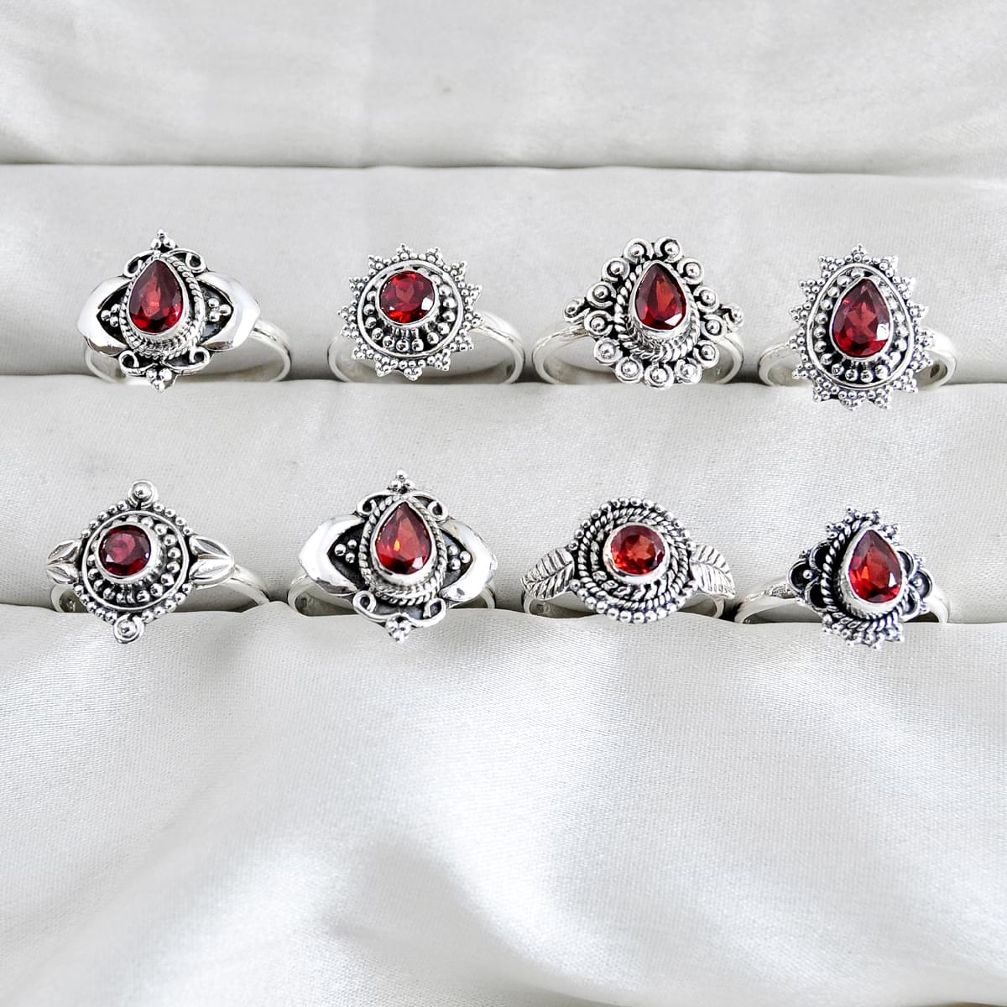 wholesale lot of 8 natural red garnet 925 silver ring size 6.5 - 8 W3957