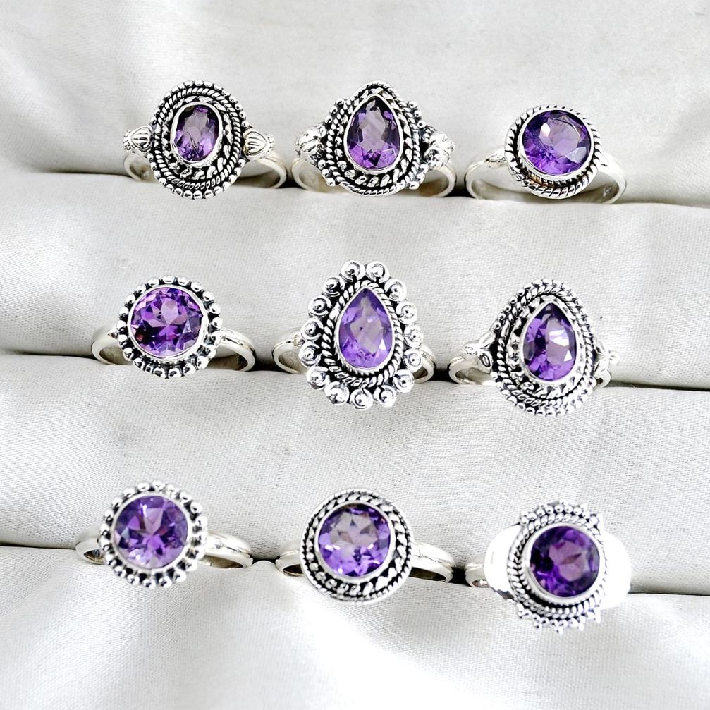 wholesale lot of 9 natural purple amethyst 925 silver ring size 6 - 8  W3960