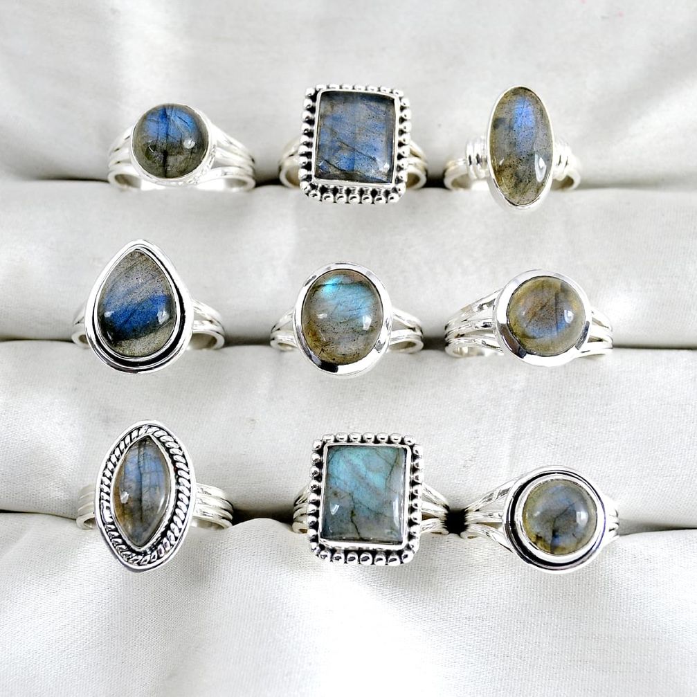 wholesale lot of 9 natural blue labradorite 925 silver ring size 6 - 9 W3961
