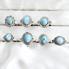 wholesale lot of 7 natural blue larimar 925 silver ring size 6.5 - 9  W3963