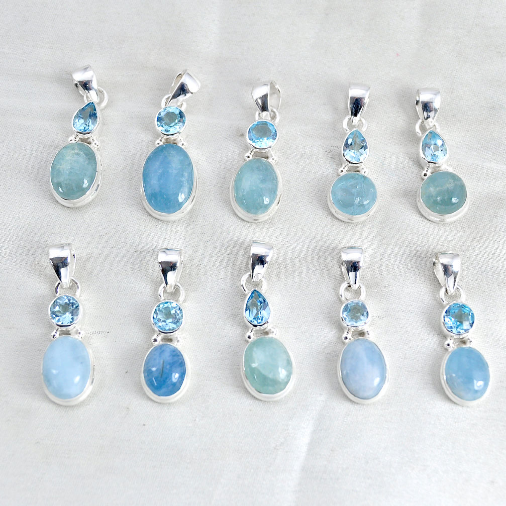 wholesale lot of 10 natural blue aquamarine topaz 925 silver pendant  W3965