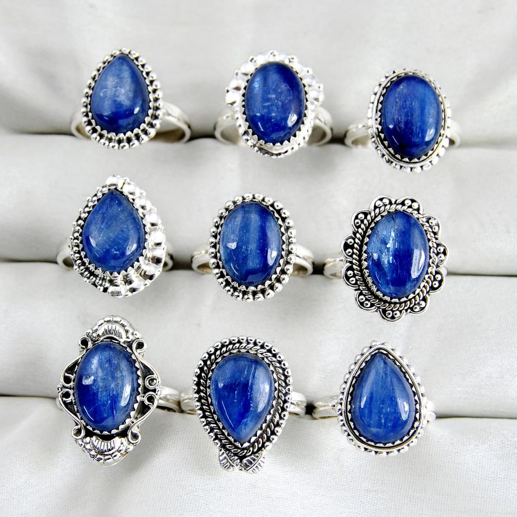 wholesale lot of 9 natural blue kyanite 925 silver ring size 7 - 9 W3968
