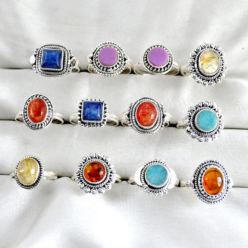 wholesale lot of 12 natural multicolor multi gemstone 925 silver ring size 6.5 - 8.5 W3969