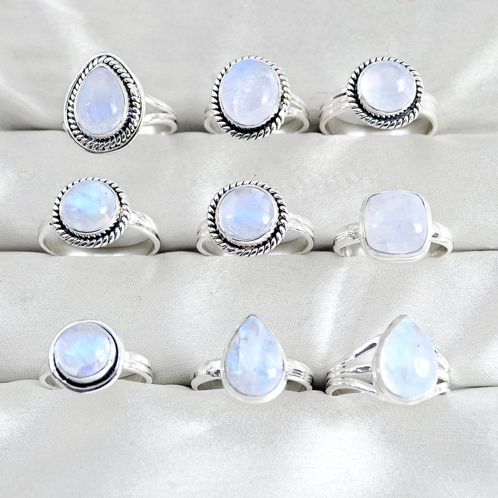 wholesale lot of 9 natural rainbow moonstone 925 silver ring size 6 - 9 W3973