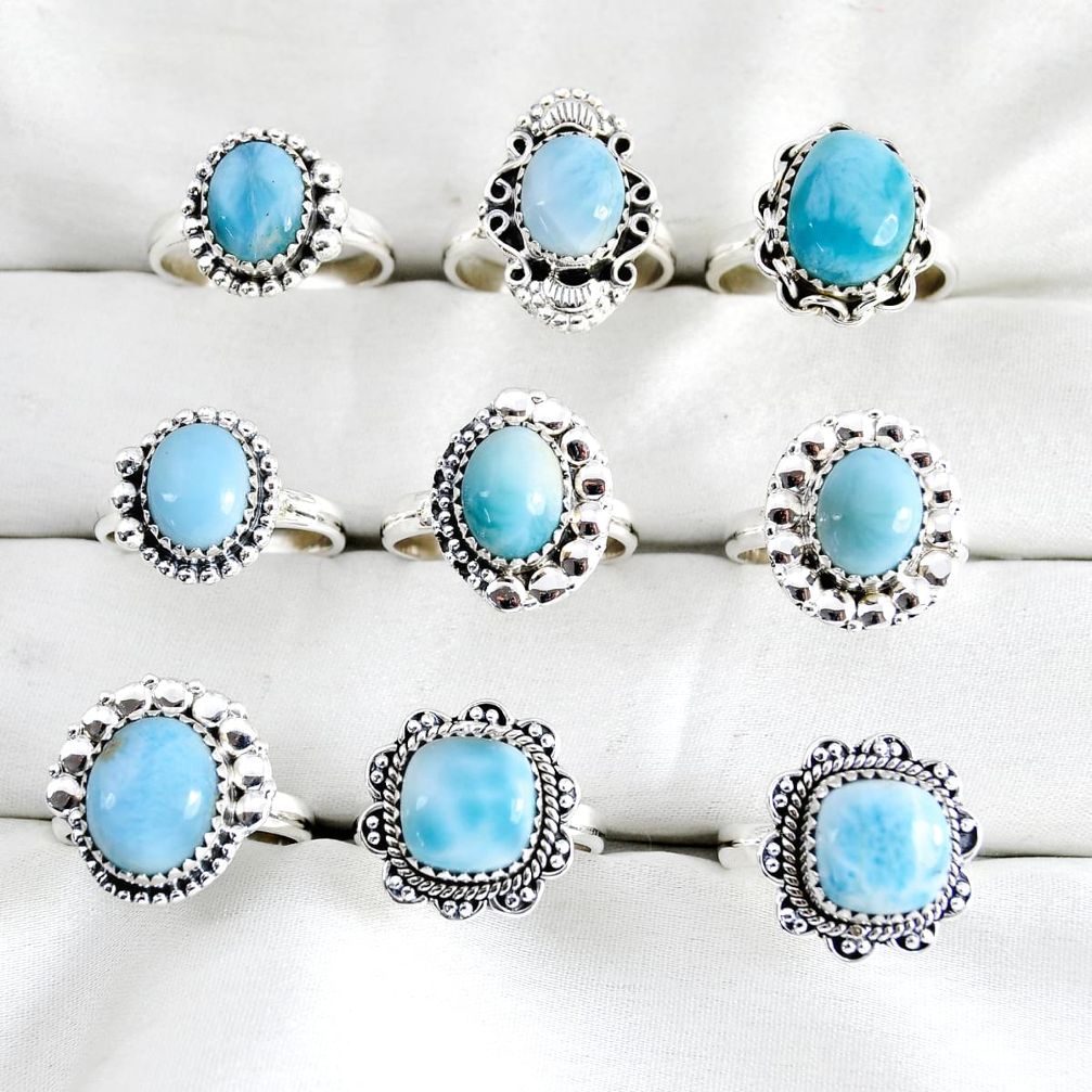 wholesale lot of 9 natural blue larimar 925 silver ring size 6.5 - 8 W3974