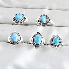 wholesale lot of 5 natural blue larimar 925 silver ring size 7.5 - 8 W3978