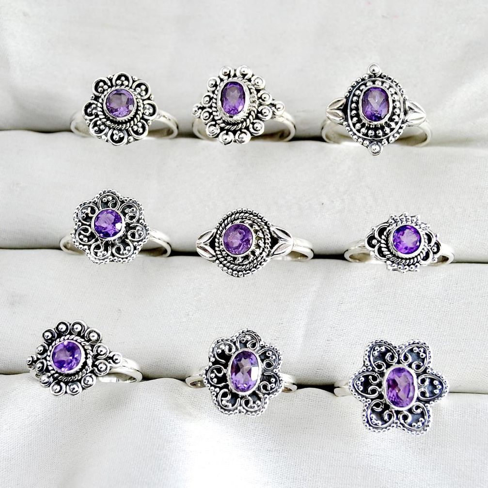 wholesale lot of 9 natural purple amethyst 925 silver ring size 6.5 - 8.5 W3980