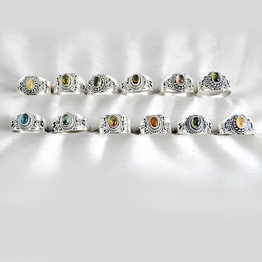 wholesale lot of 12 natural multicolor tourmaline 925 silver ring size 6.5 - 8.5 W3981
