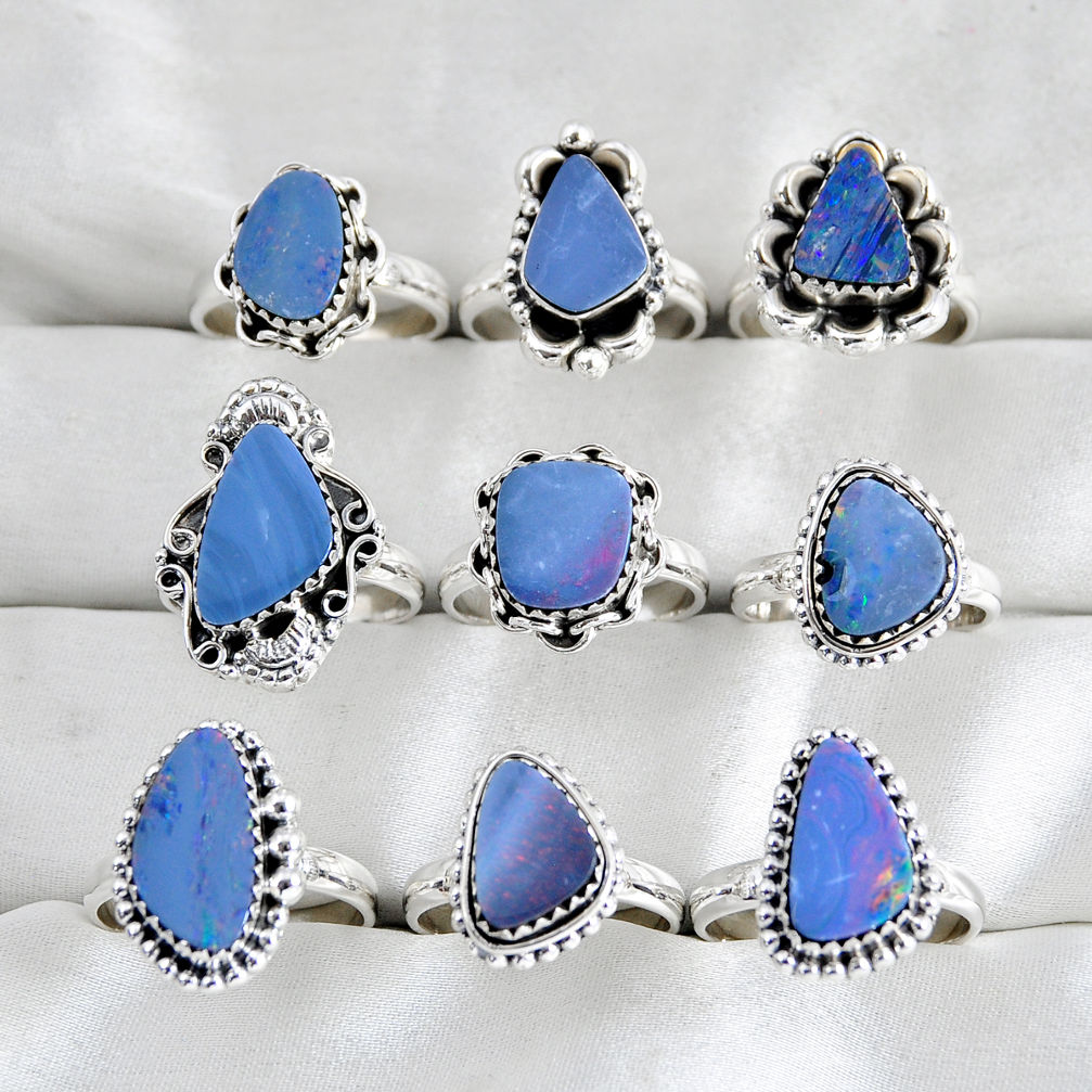 wholesale lot of 9 natural blue doublet opal australian 925 silver ring size 6.5 - 8.5 W3982