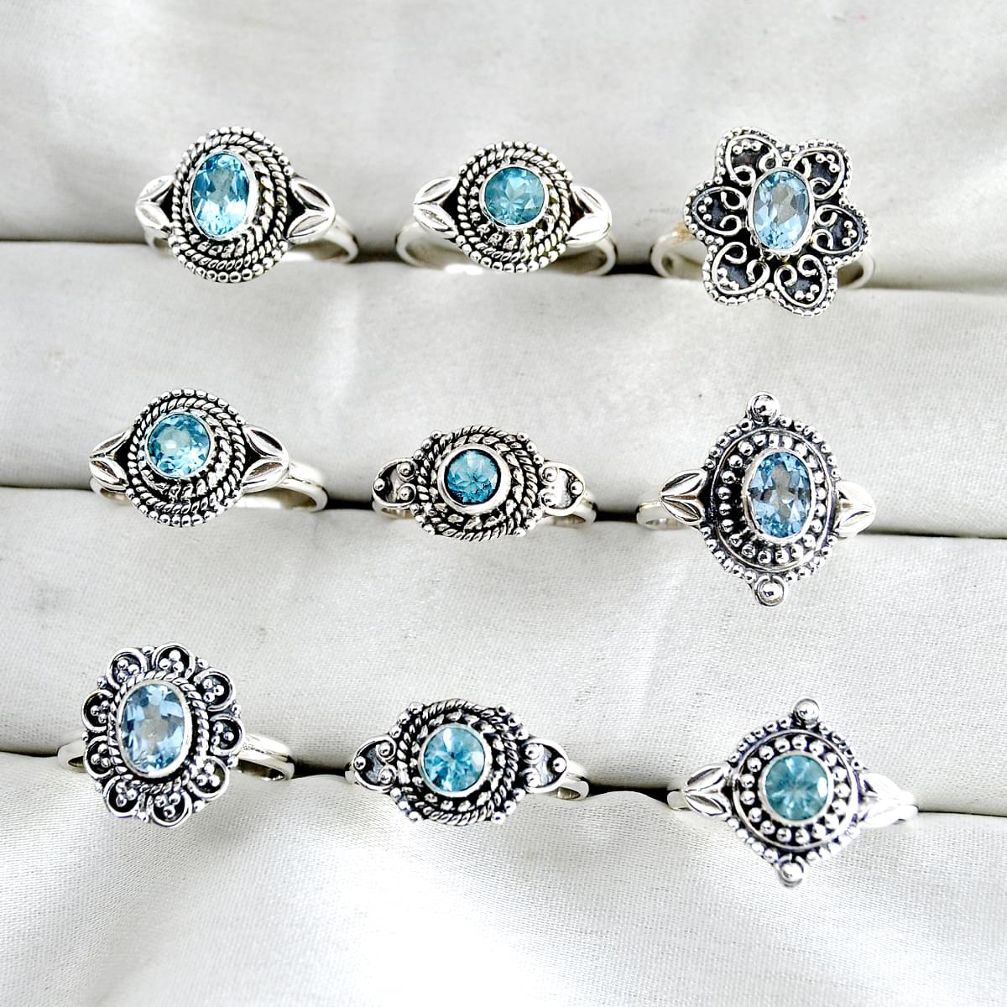 wholesale lot of 9 natural blue topaz 925 silver ring size 6.5 - 8.5 W3986