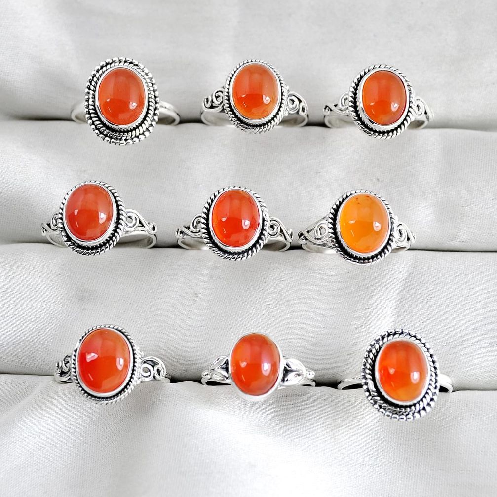 wholesale lot of 9 natural orange cornelian (carnelian) 925 silver ring size 6.5 - 7.5  W3988