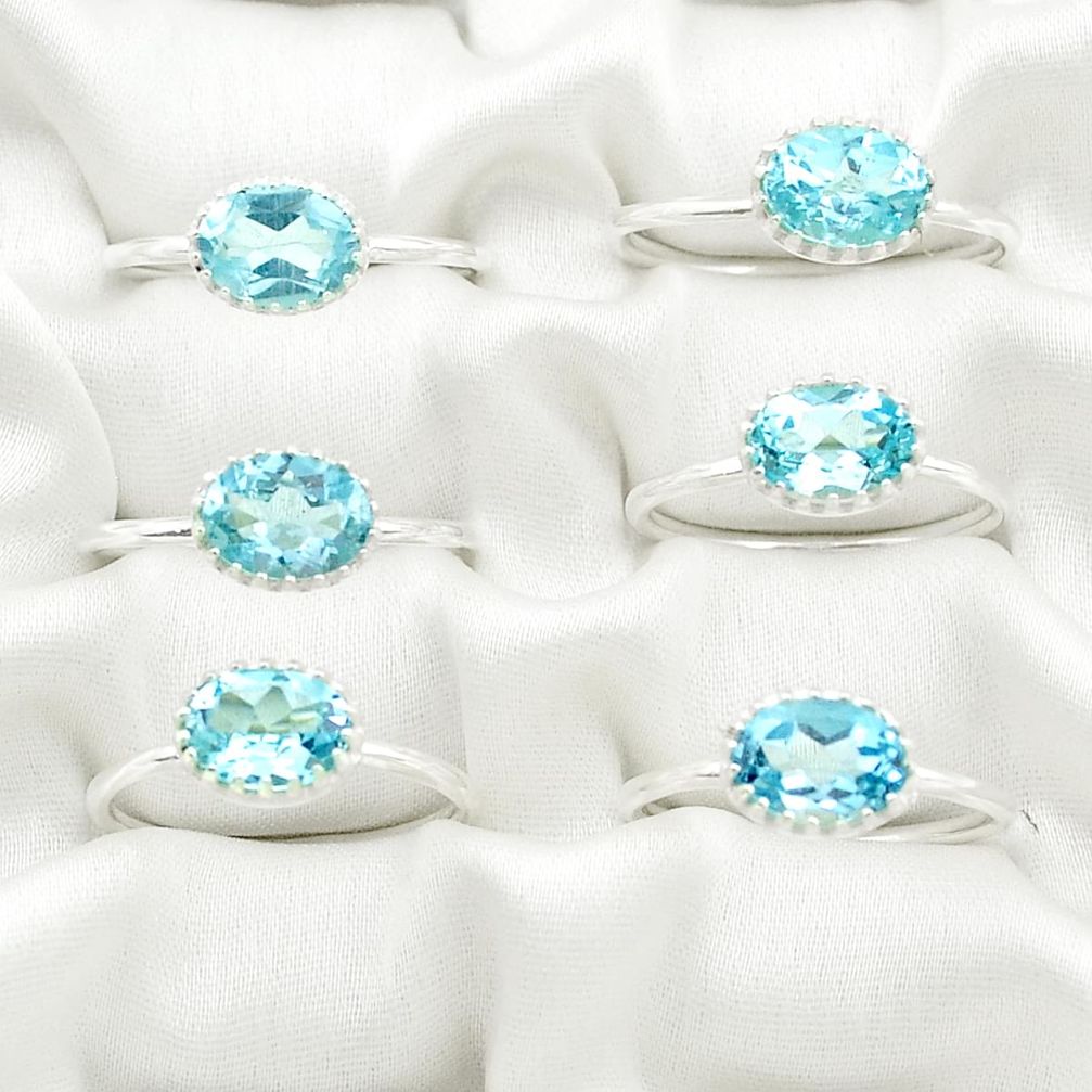 Wholesale lot of 6 natural blue topaz 925 sterling silver ring (size 7-9)