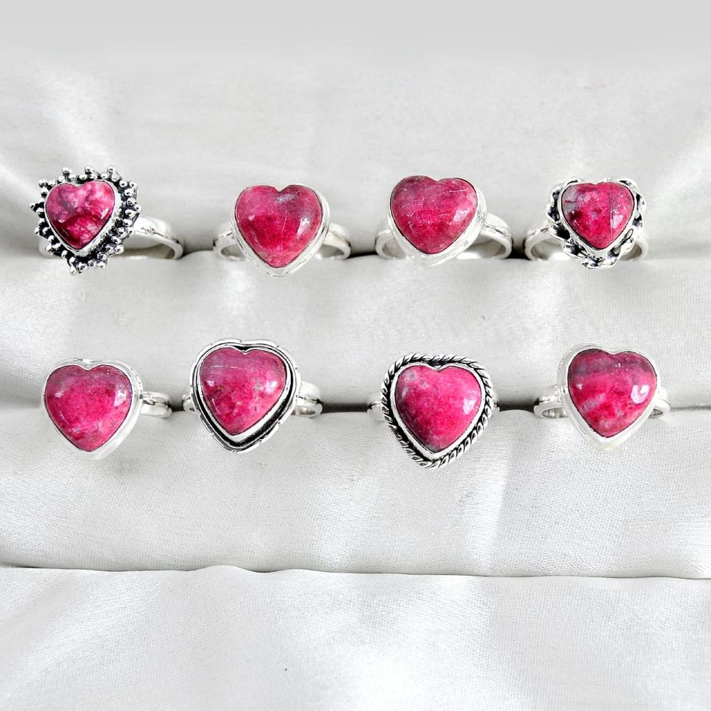 wholesale lot of 8 natural pink thulite (unionite, pink zoisite) 925 silver heart ring size 5 - 8  W3991