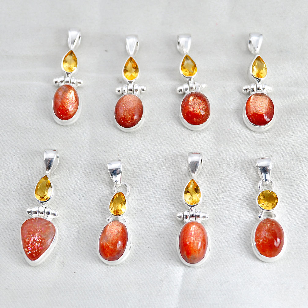 wholesale lot of 8 natural orange sunstone (hematite feldspar) 925 silver pendant  W3992