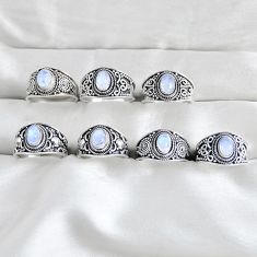 wholesale lot of 7 natural rainbow moonstone 925 silver ring size 6 - 9 W3998