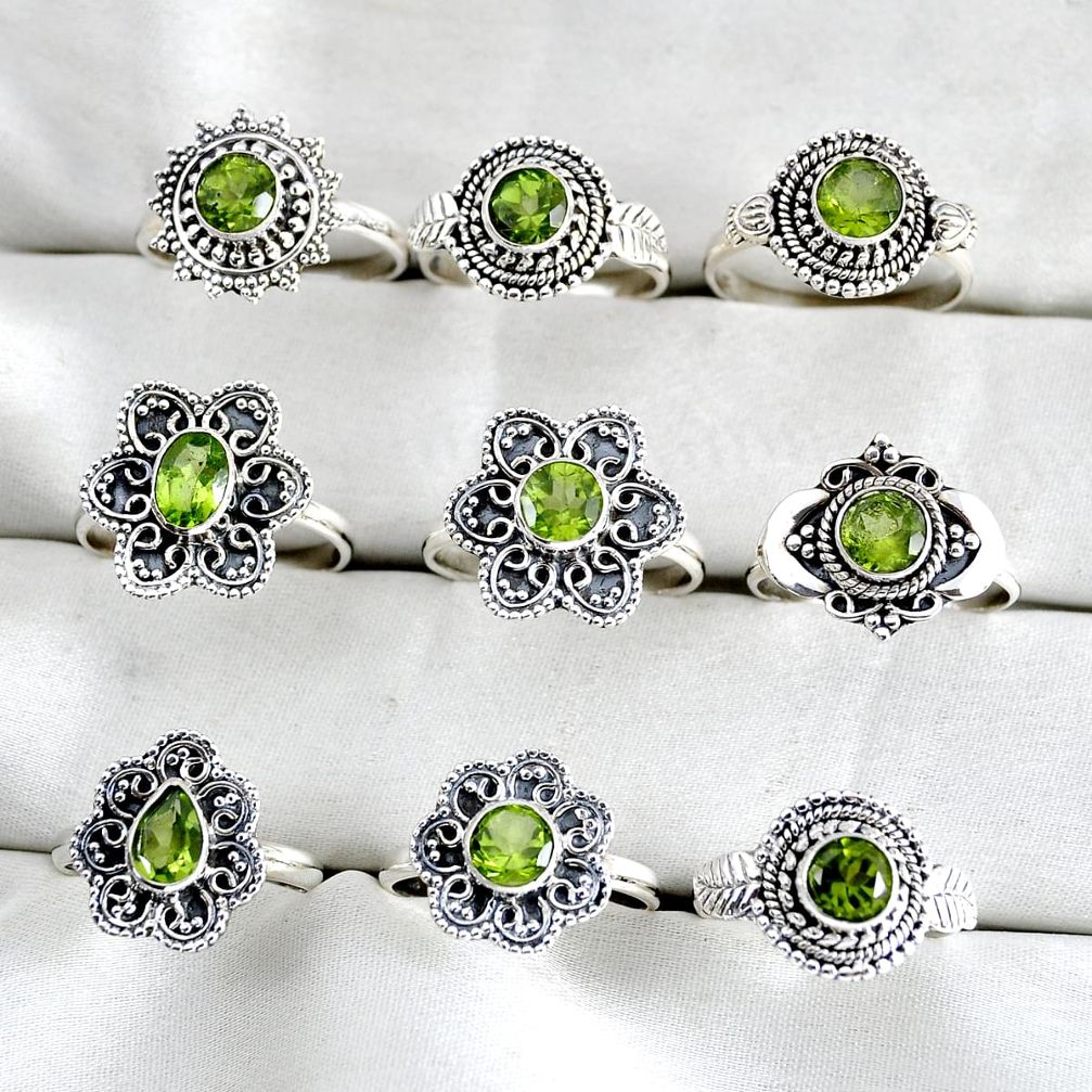wholesale lot of 9 natural green peridot 925 silver ring size 6.5 - 8.5 W3999