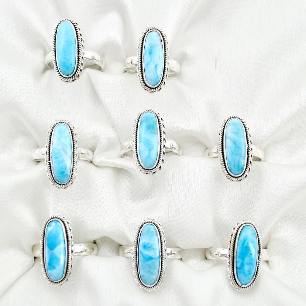 Wholesale lot of 8 natural blue larimar 925 silver ring (size 6-8)
