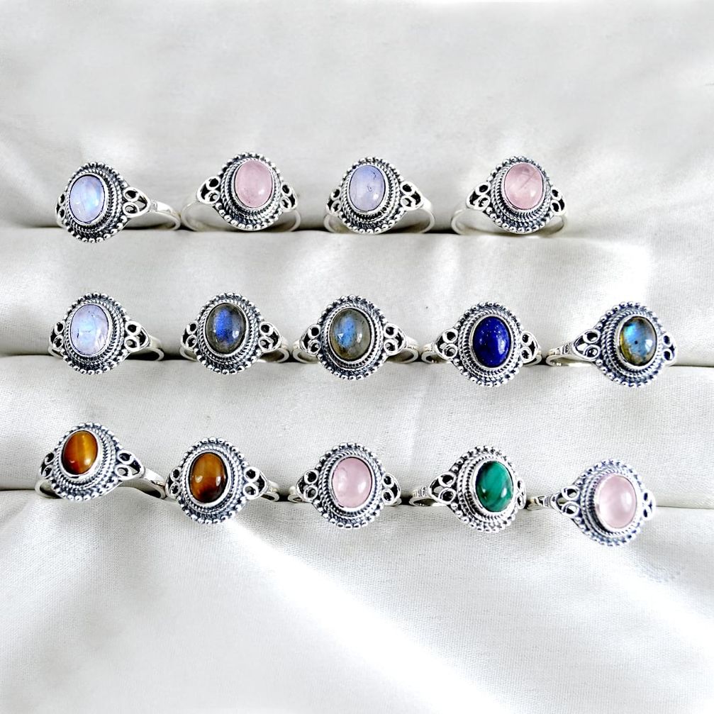 wholesale lot of 14 natural multicolor multi gemstone 925 silver ring size 5.5 - 9.5 W4003