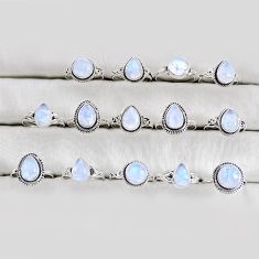 Wholesale lot of 14 natural rainbow moonstone 925 silver ring size 6.5 - 8 w4019