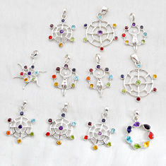 Wholesale lot of 11 natural multicolor multi gemstone 925 silver chakra pendant w4044