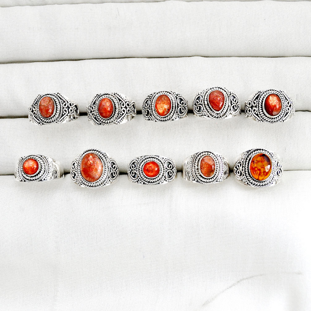 Wholesale lot of 10 natural orange sunstone (hematite feldspar) baltic amber (poland) 925 silver ring size 6.5 - 8 w4048