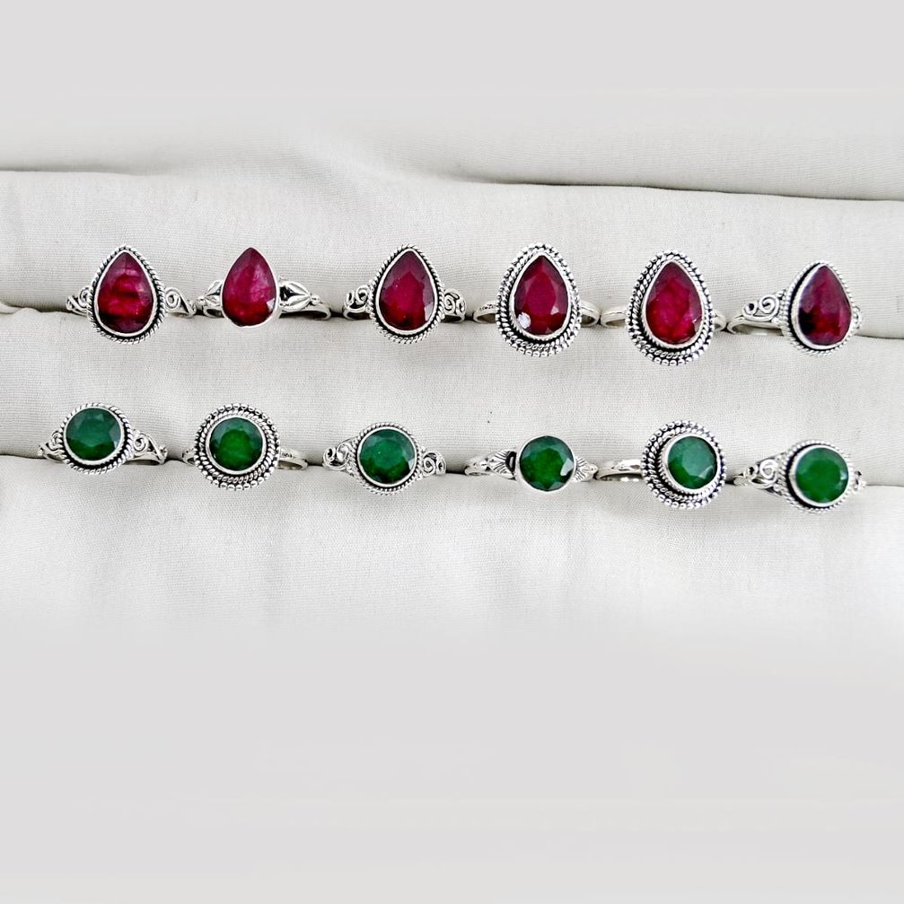 Wholesale lot of 12 natural red ruby emerald 925 silver ring size 7 - 8 w4071