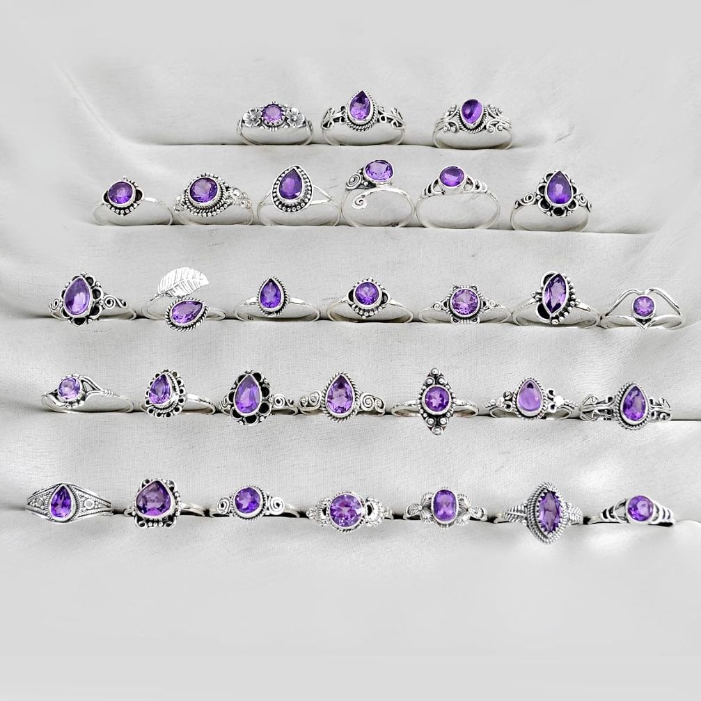 wholesale lot of 30 natural purple amethyst 925 silver ring size 5 - 9.5  W4080