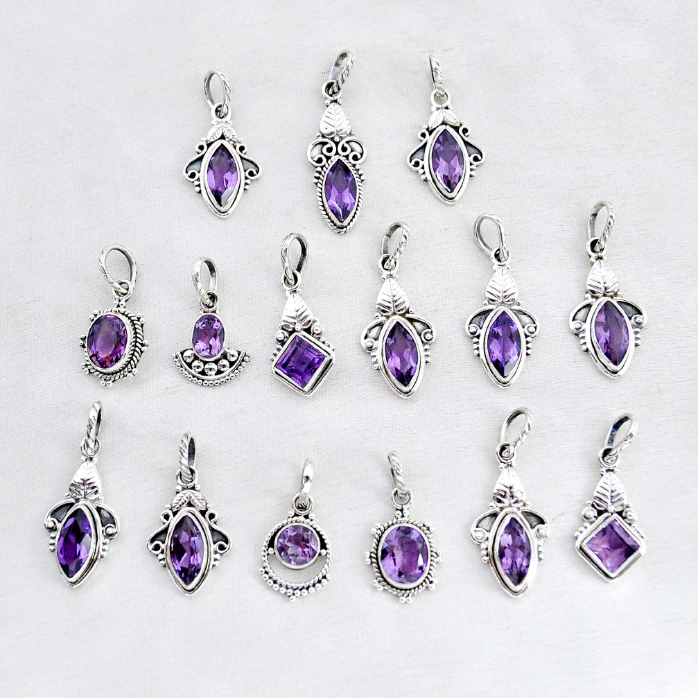 wholesale lot of 15 natural purple amethyst 925 silver pendant  W4100