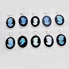 Wholesale lot of 10 natural black opal cameo on black onyx 925 silver pendant w4133