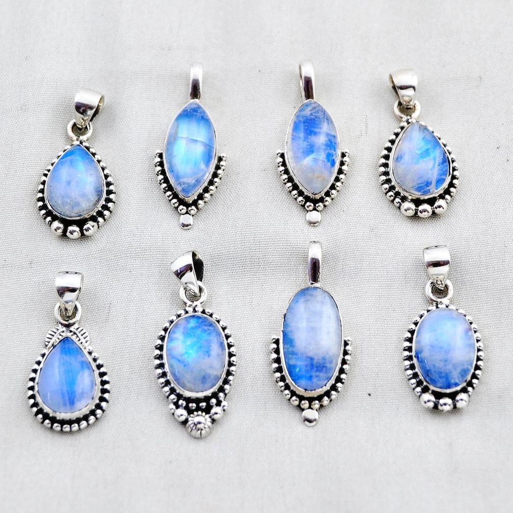 30.65gms wholesale lot of 8 natural blue moonstone 925 sterling silver pendant w4189