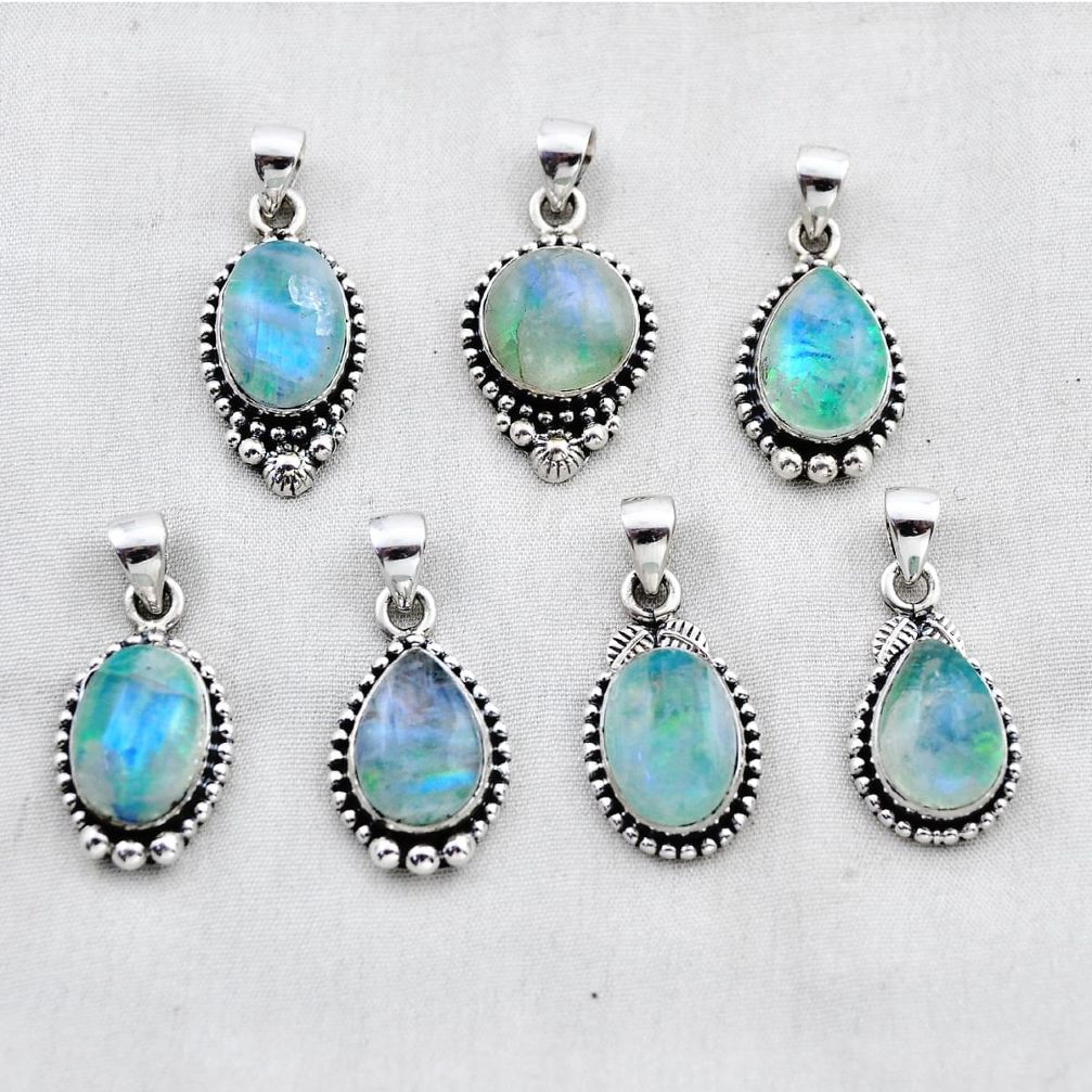 30.32gms wholesale lot of 7 natural green moonstone 925 sterling silver pendant w4190