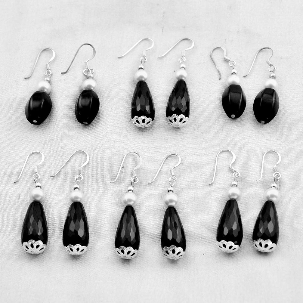 38.48gms wholesale lot of 6 natural black onyx pearl 925 silver earrings w4220