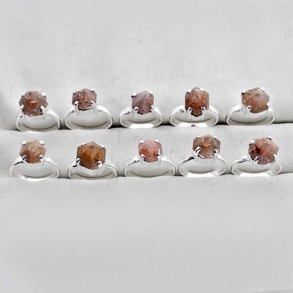 45.69gms wholesale lot of 10 natural pink beta quartz 925 silver ring size 5.5 - 8.5 w4240