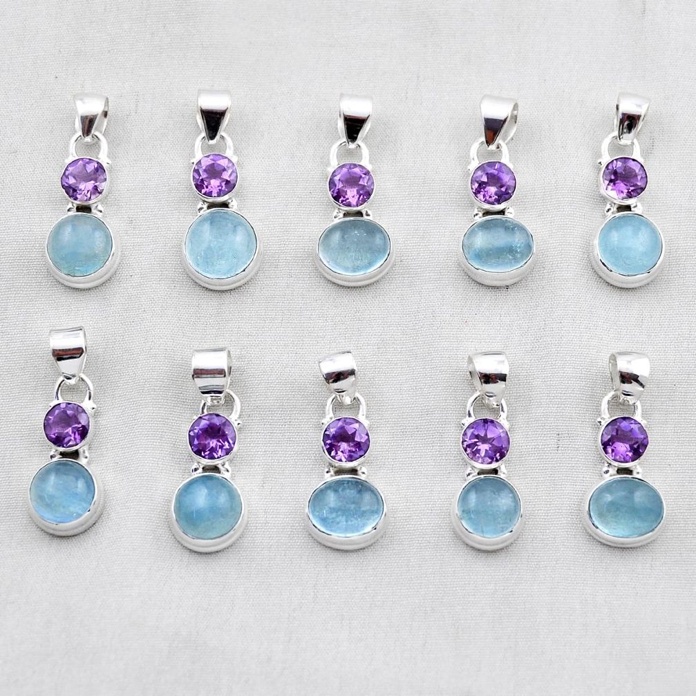 33.65gms wholesale lot of 10 natural blue aquamarine 925 silver pendant w4241