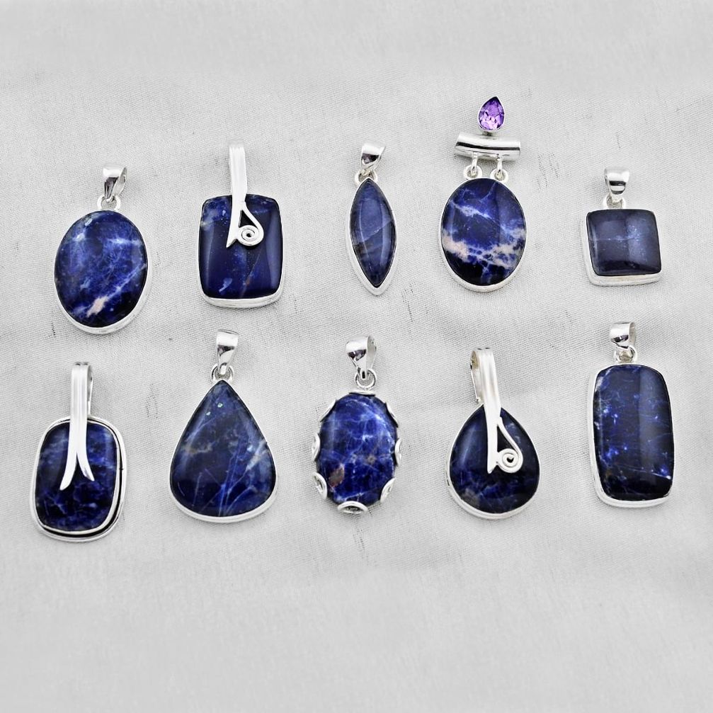 54.65gms wholesale lot of 10 natural blue sodalite amethyst 925 silver pendant w4268