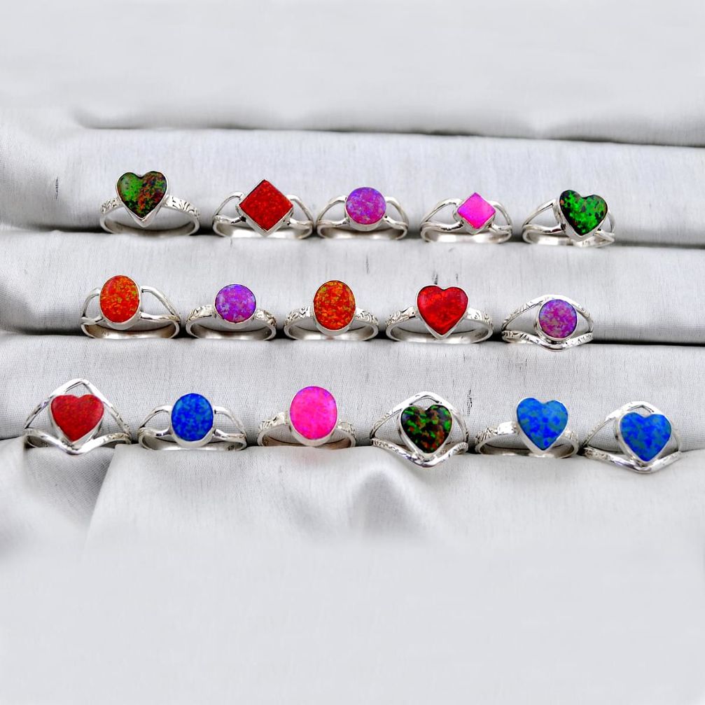 36.87gms wholesale lot of 16 pink green green orange australian opal (lab) 925 silver ring size 5.5 - 9.5 w4280