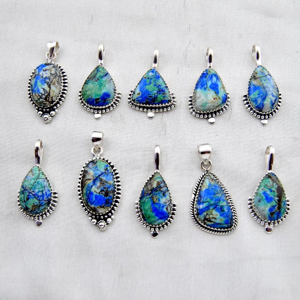 51.48gms wholesale lot of 10 natural blue turquoise azurite 925 silver pendant w4304