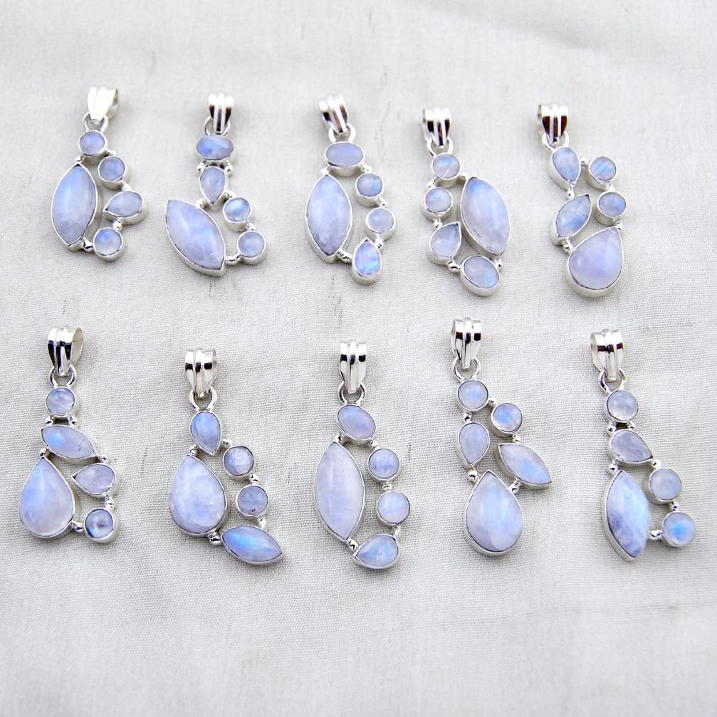 40.26gms wholesale lot of 10 natural rainbow moonstone 925 silver pendant w4309