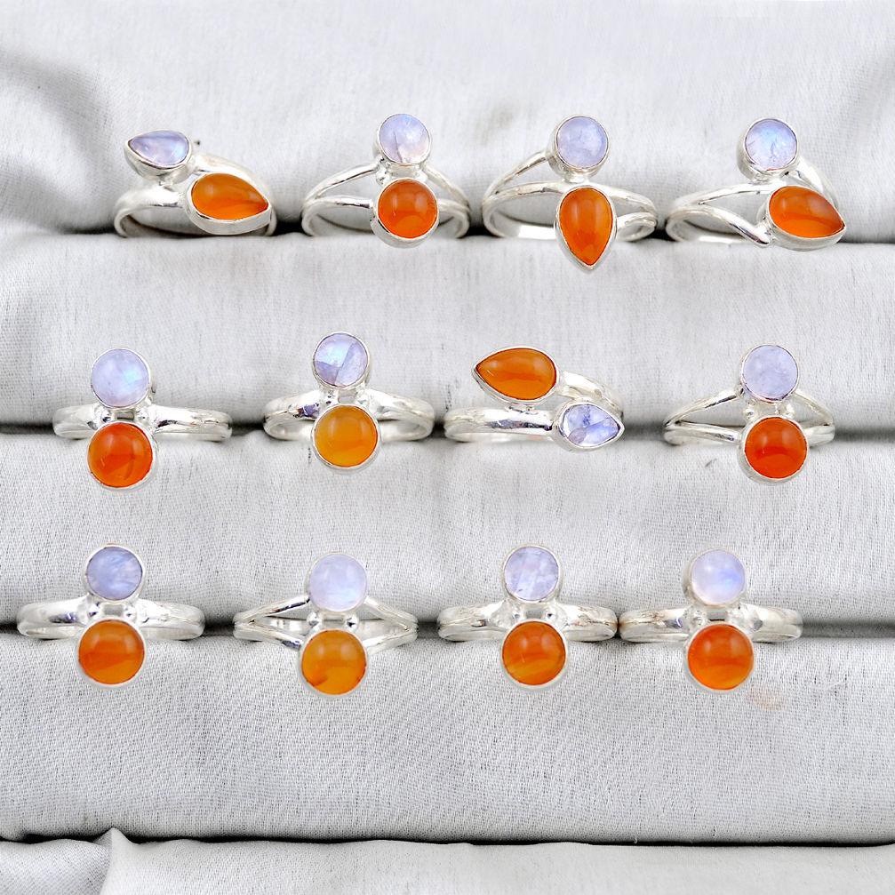 39.26gms wholesale lot of 12 natural orange cornelian (carnelian) 925 silver ring size 6.5 - 8.5 w4310