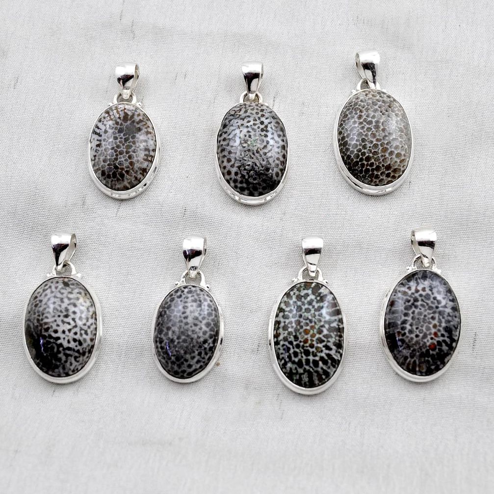 40.16gms wholesale lot of 7 natural black stingray coral from alaska 925 silver pendant w4326
