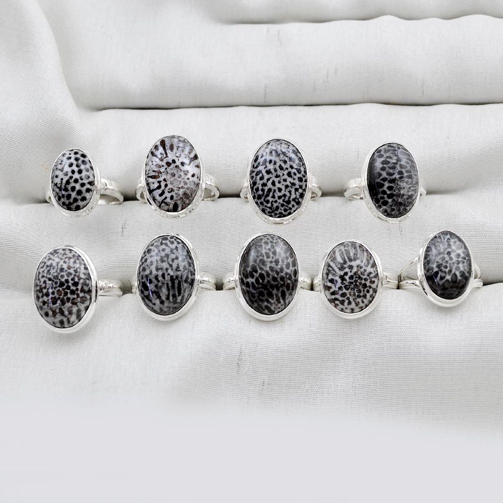 48.47gms wholesale lot of 9 natural black stingray coral from alaska 925 silver ring size 6 - 8 w4364