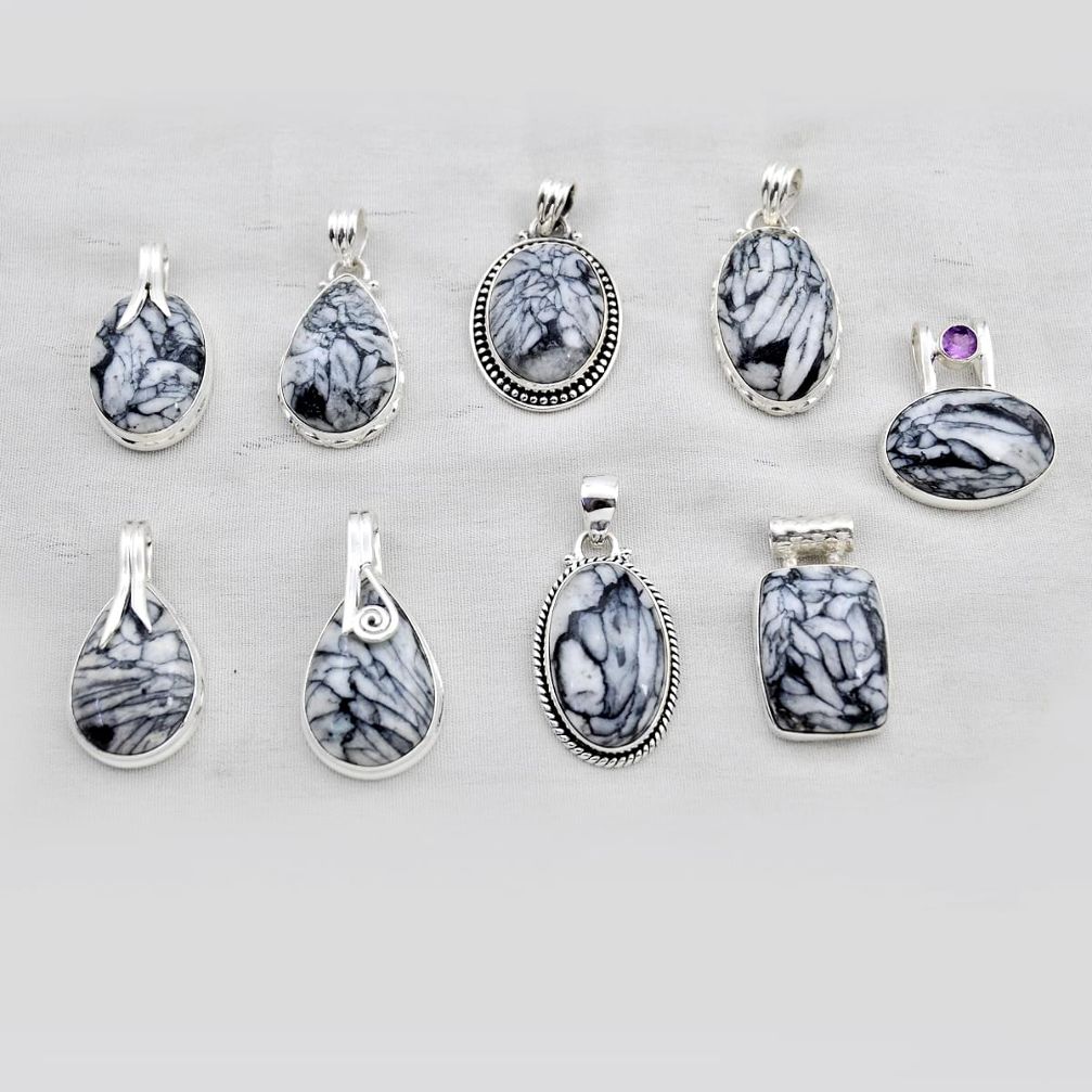 56.47gms wholesale lot of 9 natural black pinolith amethyst 925 silver pendant w4384