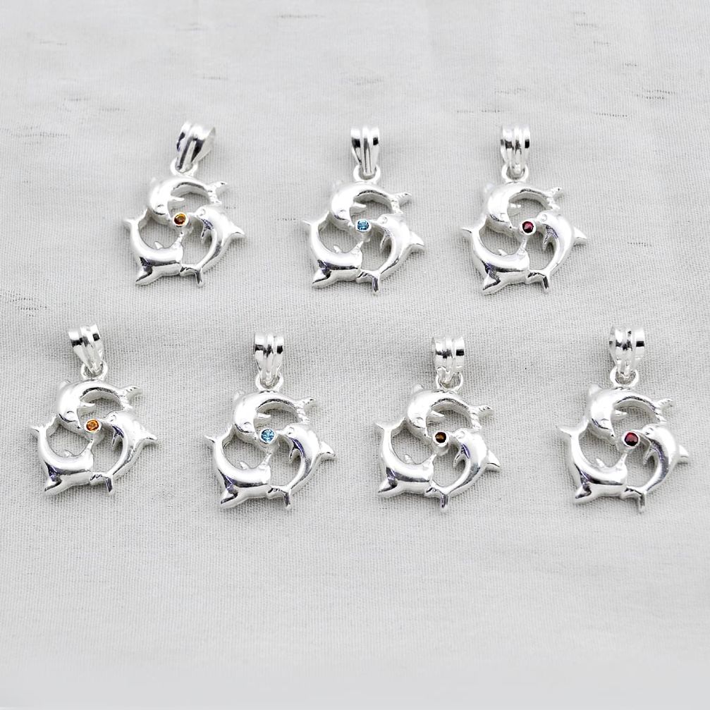 32.04gms wholesale lot of 7 natural multicolor multi gemstone 925 silver dolphin pendant w4386