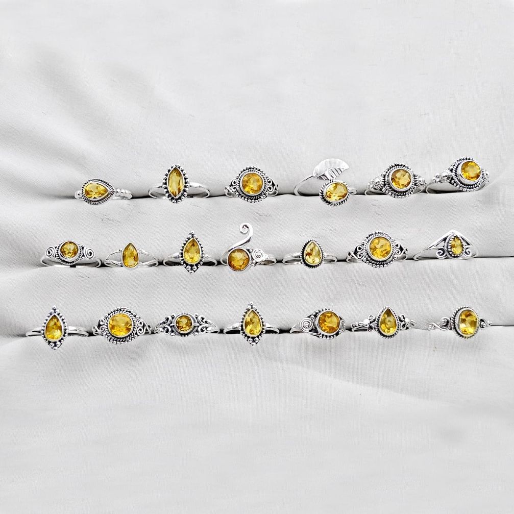 40.03gms wholesale lot of 20 natural yellow citrine 925 silver ring size 5.5 - 10 w4422