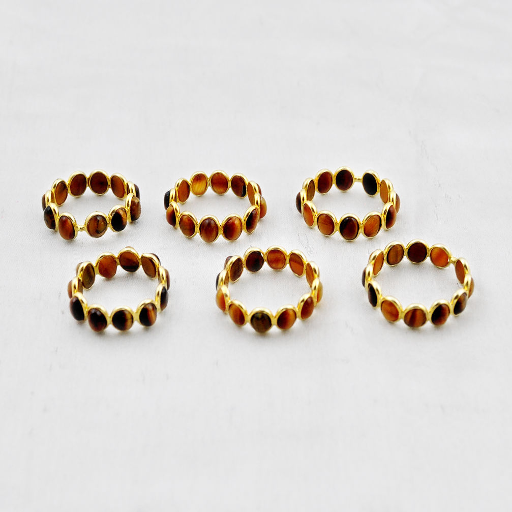 12.06gms wholesale lot of 6 natural brown tiger's eye 925 silver adjustable ring size 6 - 8.5 w4444