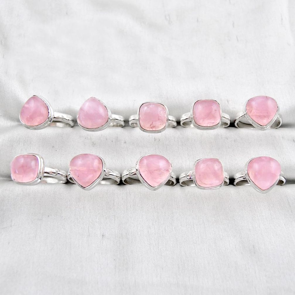 42.06gms wholesale lot of 10 natural pink rose quartz 925 silver ring size 6.5 - 9 w4455