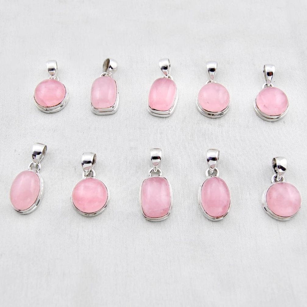 32.65gms wholesale lot of 10 natural pink rose quartz 925 silver pendant w4459