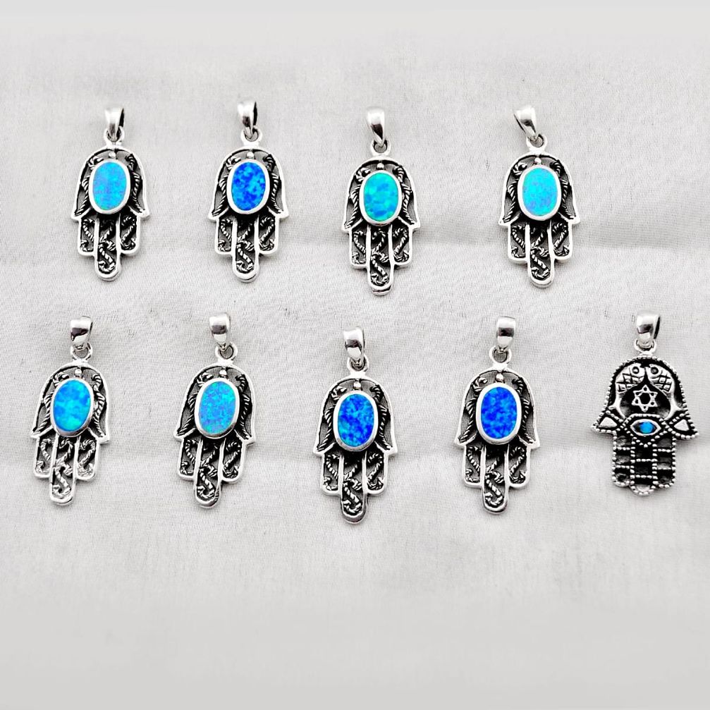 28.89gms wholesale lot of 9 blue australian opal (lab) 925 silver hand of god hamsa pendant w4485