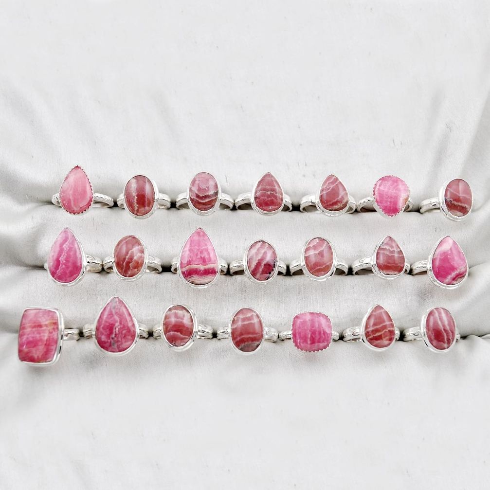 107.45gms wholesale lot of 21 natural pink rhodochrosite inca rose (argentina) 925 silver ring size 6.5 - 8.5 w4499